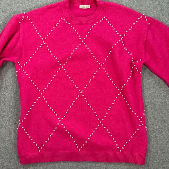 Cotton Bleu Pink Pearl Argyle Sweater Women's Small Crew Neck Pullover Preppy - Picture 5 of 9